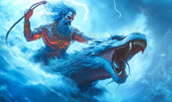 Varuna Riding the Makara A Dynamic Hindu Mythological Artwork.  Digital Illustration. 