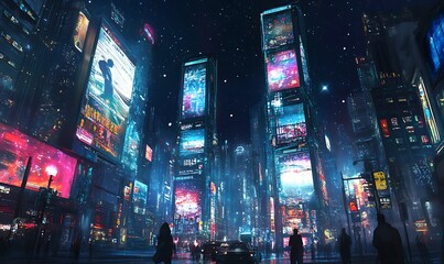 Futuristic Cityscape with Neon Lights and Silhouettes