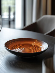 Fototapeta premium Close-up of an orange ceramic bowl with swirl pattern on a table.