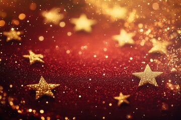 Golden Stars and Snowflakes on Red Background