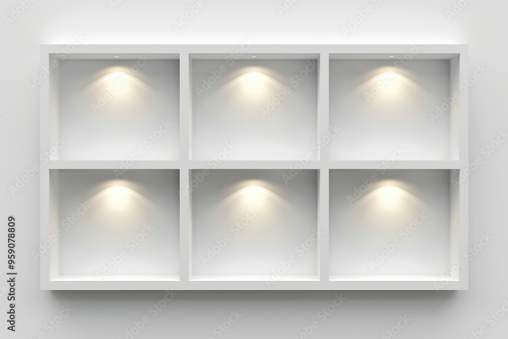 Canvas Prints A set of four white shelves with LED lights shining down