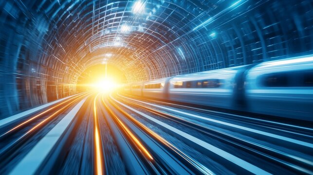 High-speed train speeding through a tunnel with bright light at the end, representing  speed, progress, and innovation.