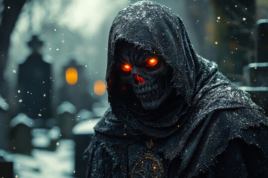 A sinister, skeletal figure with glowing red eyes and a tattered cloak, lurking in an abandoned graveyard. Concept of undead creatures and gothic horror.