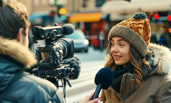 A journalist conducting an interview on the street for a news report. Video