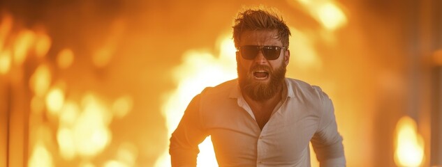 A man who is yelling flees from a burning business.