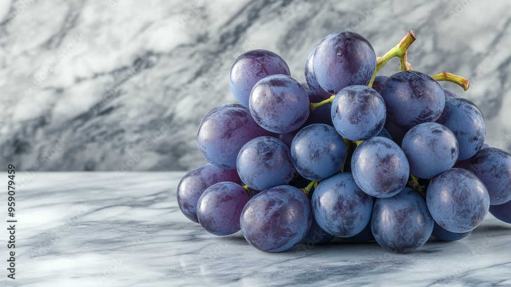 Wall mural bunch of fresh blue grapes on a marble background.