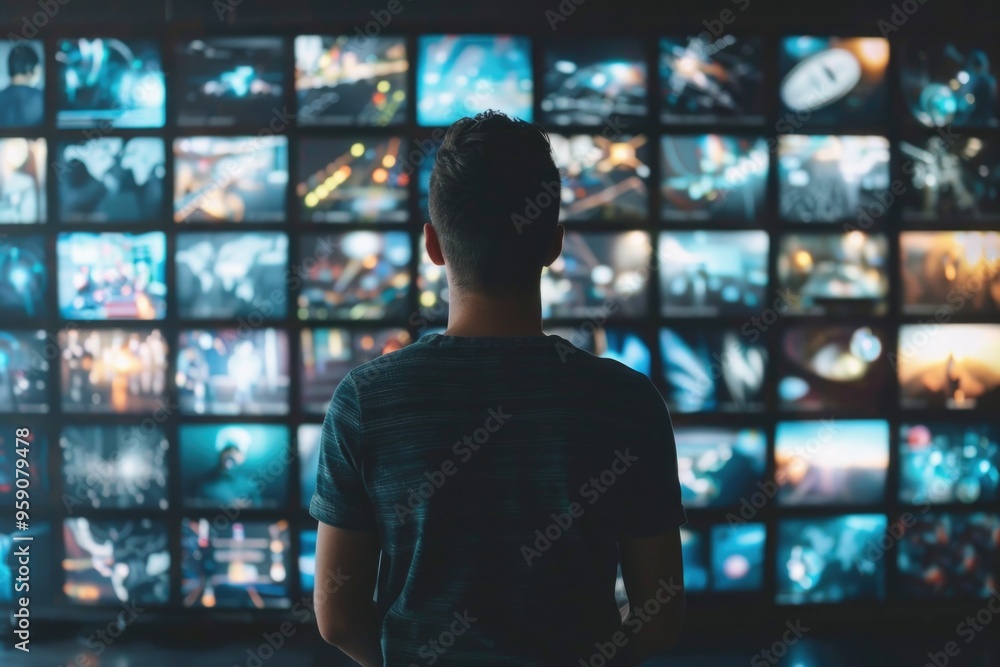Aufkleber A person standing in front of a large wall with multiple TVs, ideal for use as a background or illustration for themes related to technology and entertainment