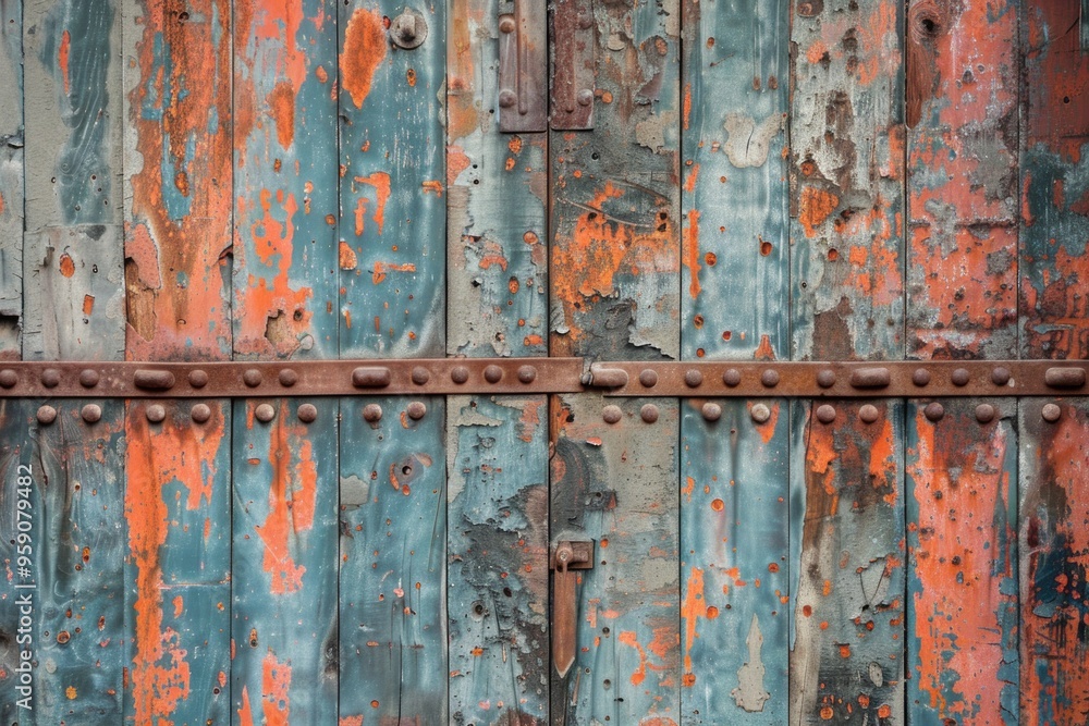 Poster a close-up of a rusted metal door with visible rivets, suitable for use in industrial or abandoned s