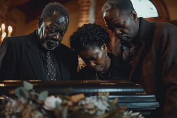 Group of mourners gathered around a coffin, paying their respects