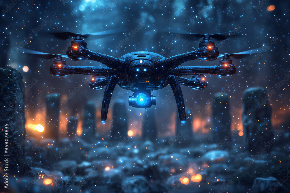 Aufkleber a mysterious, metallic drone-like object hovering above an ancient stone circle under a starry night
