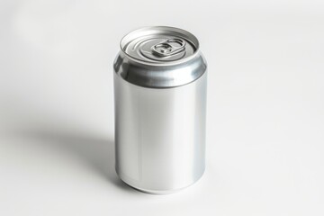 A single can of soda sitting on a clean and plain white surface