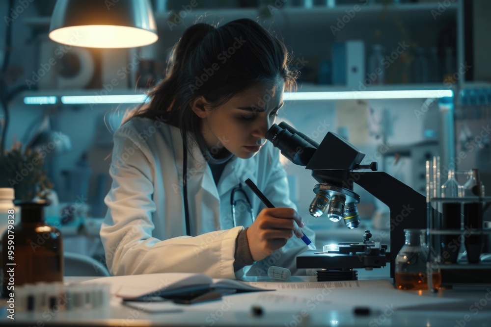 Poster Scientist studying microscopic samples in a laboratory setting