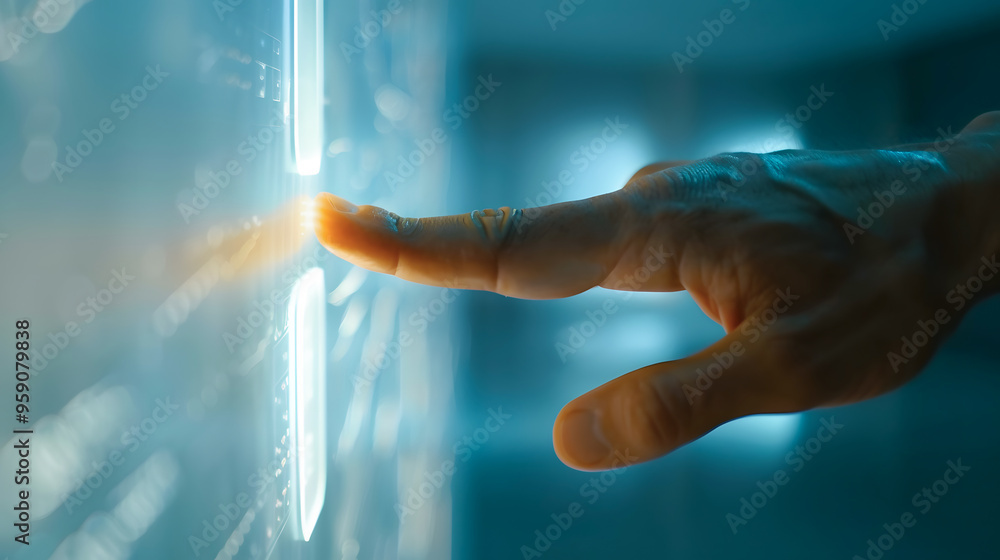Poster a hand reaches out to activate a glowing touch panel in a modern tech environment. generative by ai