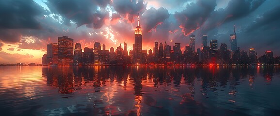 City skyline reflected in water with dramatic clouds at sunset.