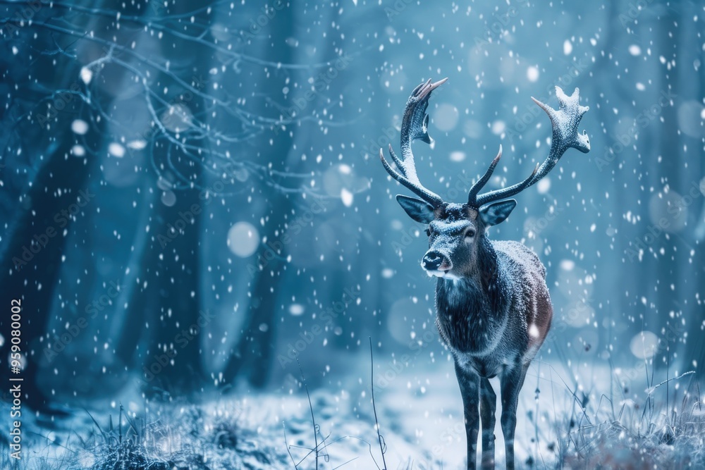 Poster a deer standing in the snow, surrounded by trees