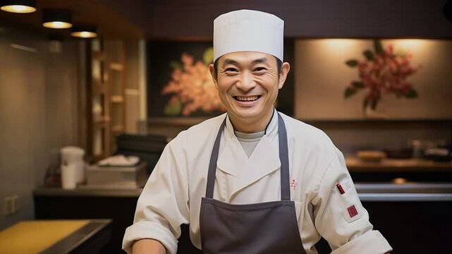 Japanese sushi chef smilling at counter