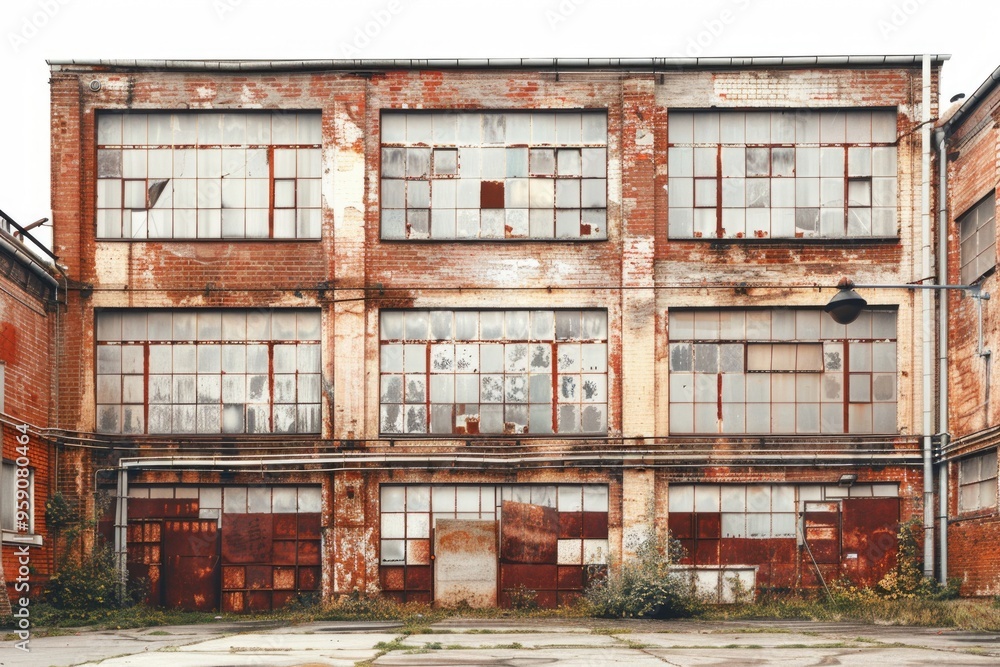 Poster Abandoned building with many windows and a fire hydrant outside, suitable for use in historical or nostalgic themes
