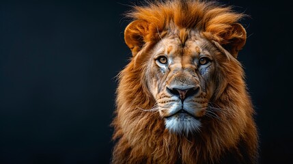 Fototapeta premium Majestic lion with a powerful gaze looking directly at the camera.
