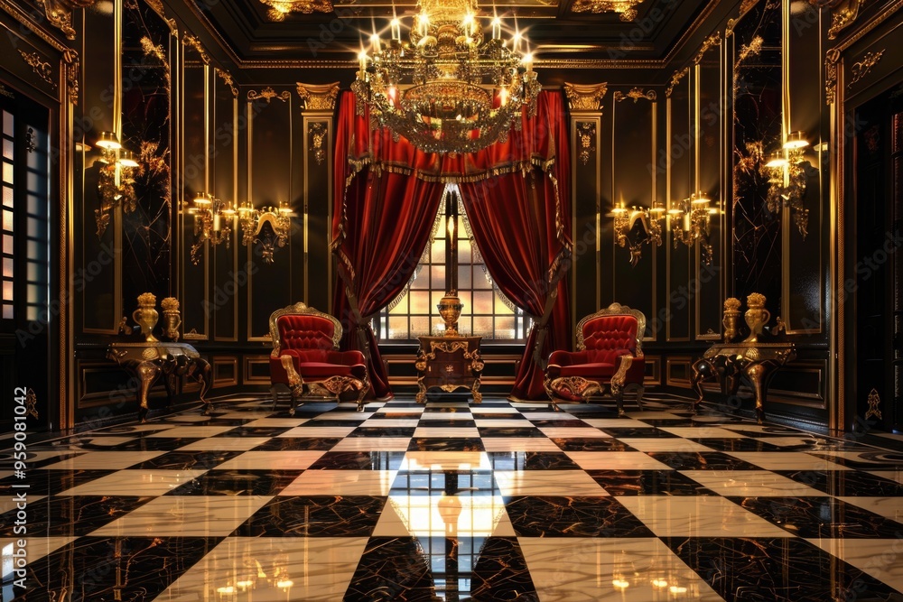 Aufkleber a room with a checkered floor and a chandelier, suitable for interior design or architecture concept