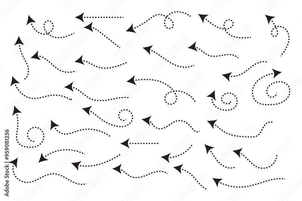 Poster clean dot style hand drawn doodle arrows set. curve dotted line arrow set. set of dotted hand drawn 