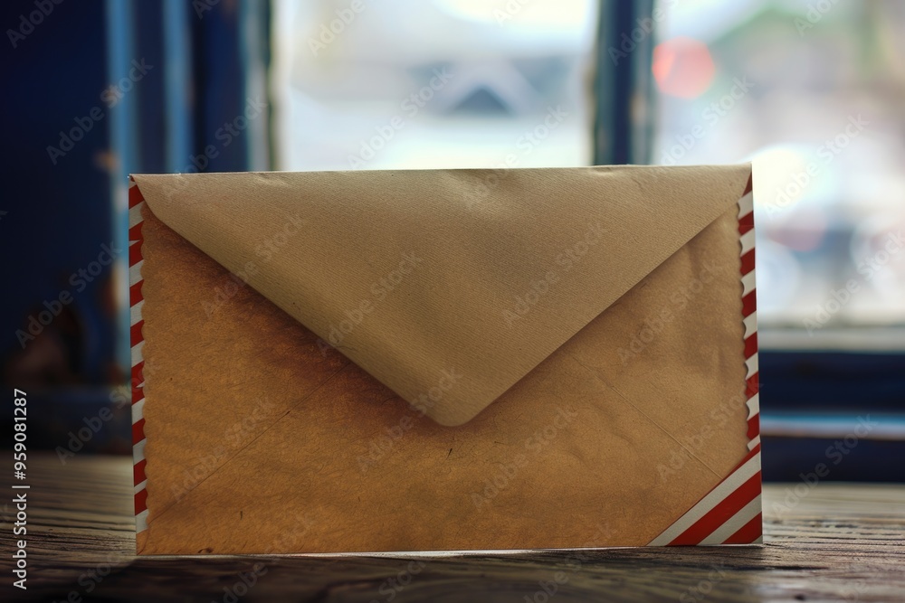 Poster a simple, everyday scene with a brown envelope resting on a wooden table, ready to be opened