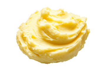 Creamy mashed potatoes topped with melting butter and herbs isolated on white transparent background. Concept of holidays Thanksgiving Day side dishes