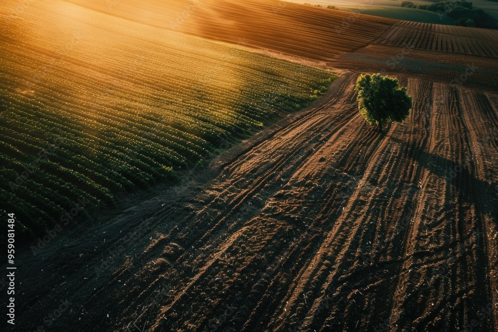 Poster a single tree stands in the center of an open field, surrounded by lush green grass