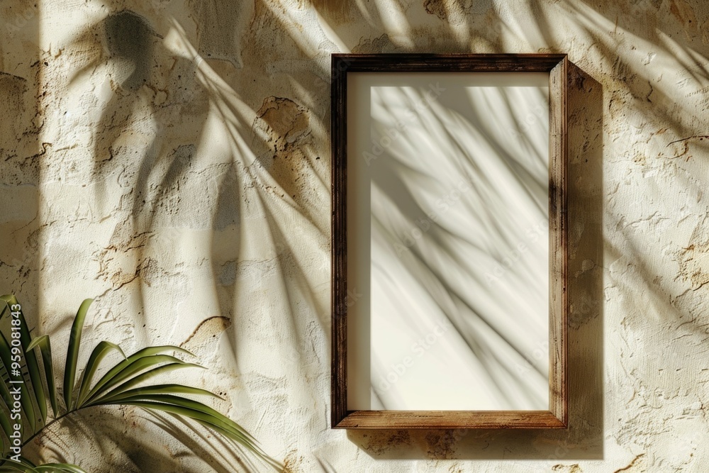 Poster a decorative picture frame hangs on the wall next to a small potted plant, perfect for adding some g