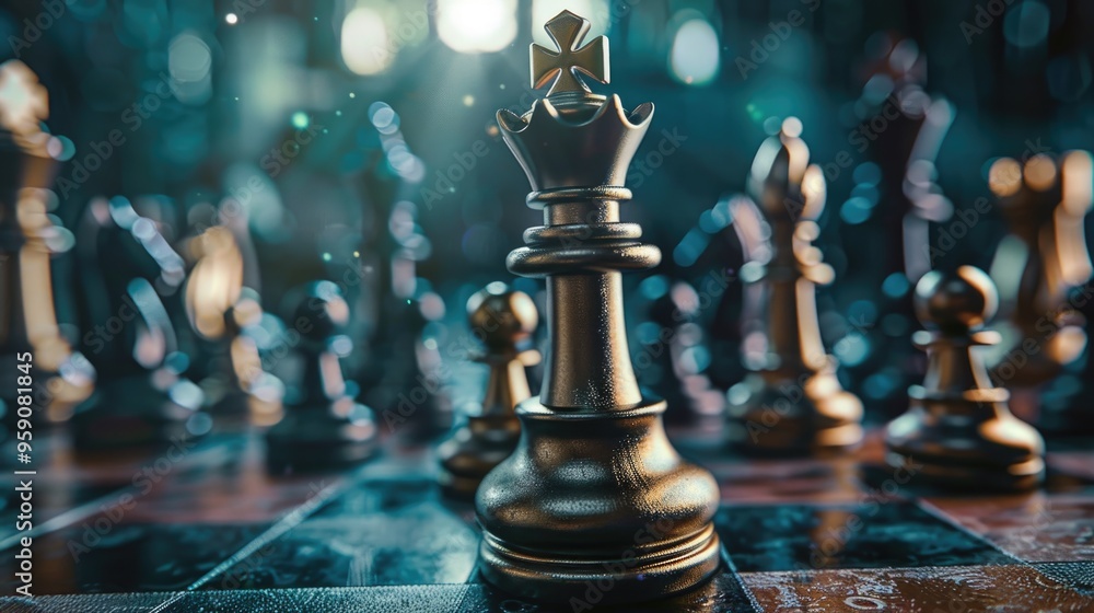 Poster a close-up view of a chessboard filled with various chess pieces, ideal for use in educational or co