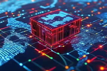 Red glowing cube on digital network with data and code