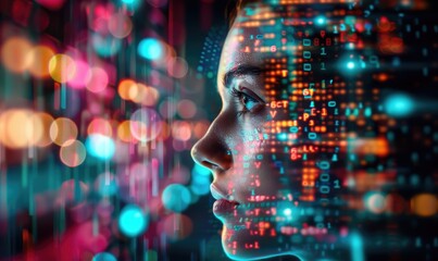 Cyberpunk Portrait: Skilled Female Programmer with Matrix Code Background and Neon Lights