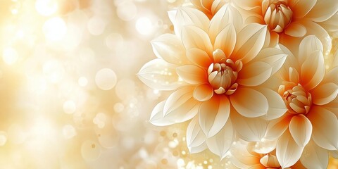 An abstract background featuring soft golden hues with delicate dahlias in white and orange, providing ample copy space