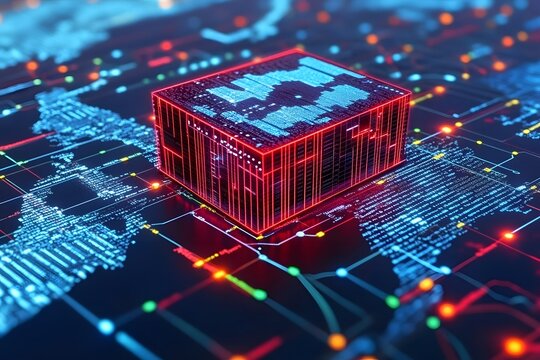Red glowing cube on digital network with data and code