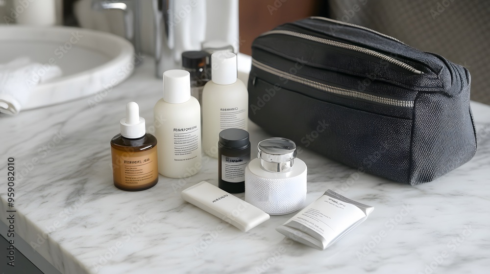 Wall mural Travel-sized Toiletries: A collection of travel-sized toiletries arranged on a marble countertop with a travel bag beside them.
