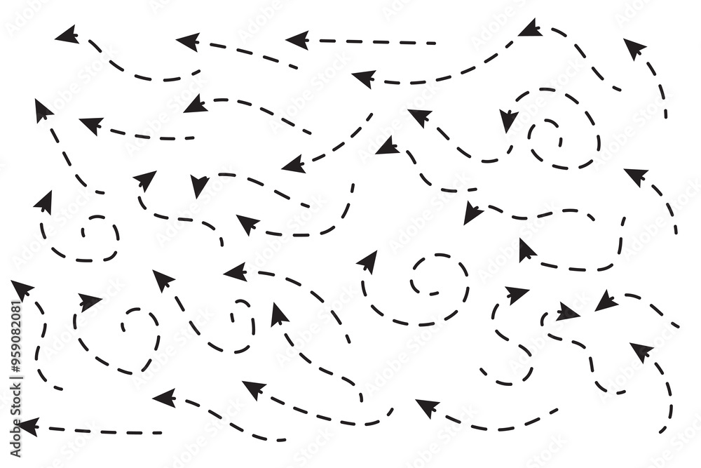 Poster thin curved dotted arrow. zigzag arrow stripes design with dotted lines. thin arrows. vector illustr
