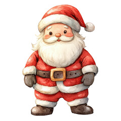 Dibujo en acuarela de  un adorable Pap&aacute; Noel de pie, con su traje t&iacute;pico rojo y guantes negros, sobre fondo blanco mirando a camara
