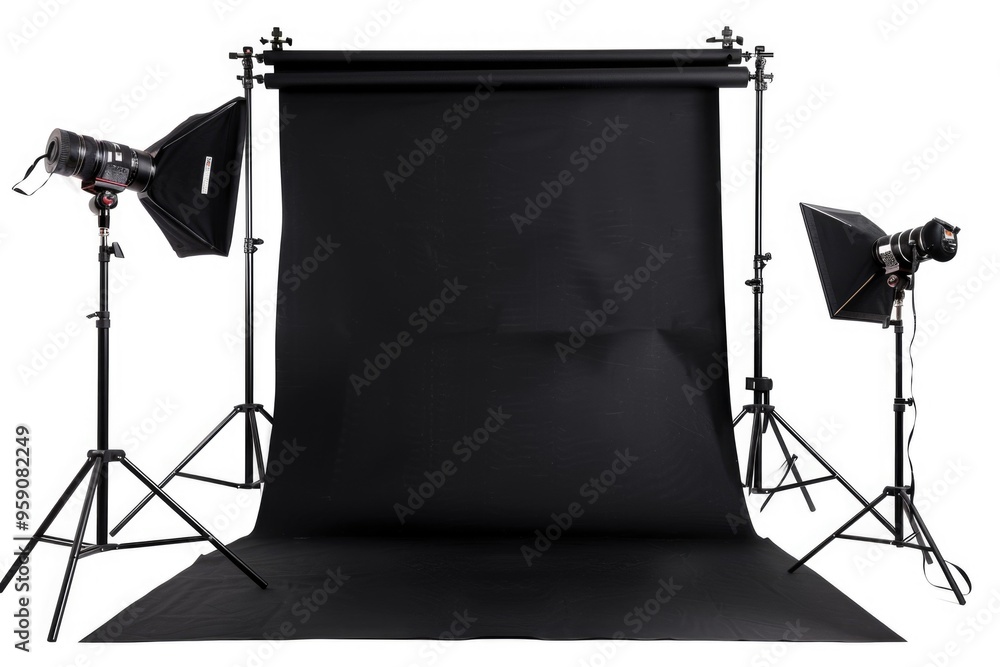 Poster studio setup with black backdrop and lighting gear for photography projects