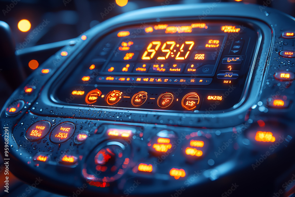 Poster a close-up of a treadmill's display showing a high number of calories burned and distance covered. c