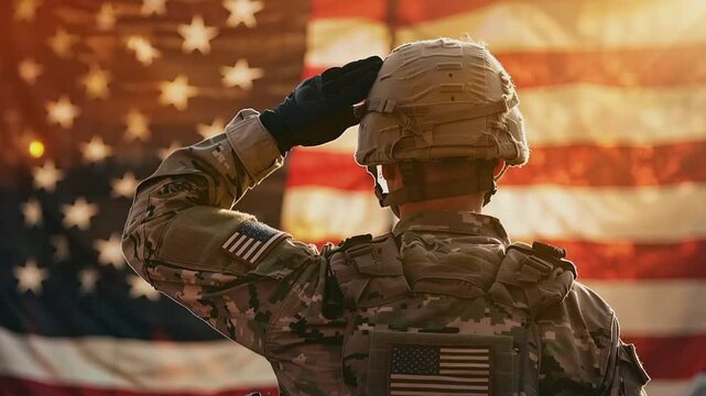 Soldier saluting American flag