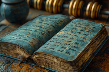 A close-up of a fitness journal with handwritten workout plans and progress notes. Concept of fitness tracking and personal goal setting.