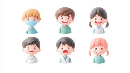 Fototapeta premium Multiple illustrations of children Dentist with numerous expressions , isolated on white , 3D style