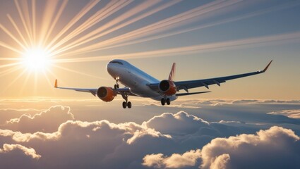 The plane flies over beautiful clouds against the background of the sun and the lines of its rays in the backlight. Air travel, travel agency. Symbolic banner of an airline, travel agency, air carrier