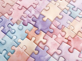 Pastel colored jigsaw puzzle pieces interlock creating a  seamless pattern.