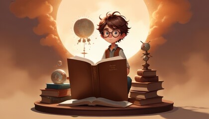 boy readings books with cartoon style 