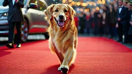 A automobile and a throng of people can be seen in the background as a sophisticated purebred dog strolls with its owner on a red carpet