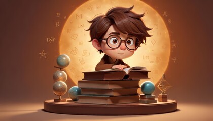 boy readings books with cartoon style 