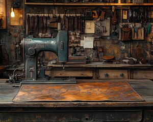 Fototapeta premium A vintage sewing machine sits on a table in a workshop. The machine is surrounded by various tools and equipment, including scissors, a ruler, and a clock