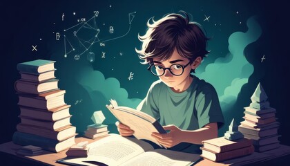 boy readings books with cartoon style 