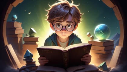 boy readings books with cartoon style 