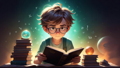 boy readings books with cartoon style 